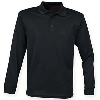 Image of Henbury Mens Coolplus Moisture Wicking Long Sleeve Polo Shirt (XL) (Black)