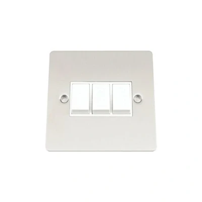 Image of Light Switch 3 Gang Satin Matt Chrome Flat White Insert Plastic 10 Amp Triple 2 Way