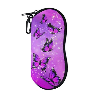Image of Pizding Glasses Case for Women Girls Eyeglass Kit Portable Eyeglasses Case, Soft Holder Pouch Sunglasses with Clip Purple Bling Butterfly Print Travel Accessiores