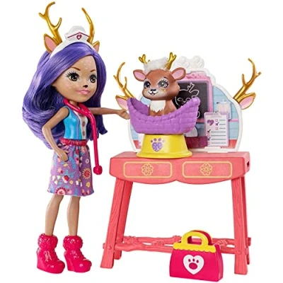 Image of Enchantimals GBX04 Caring Vet Doctor Playset with Accessories, Danessa Deer Doll (6 Inch) and Sprint Animal Figure, Multicolour