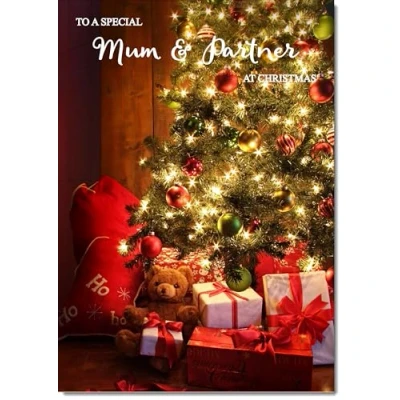 Image of doodlecards Mum and Partner Christmas Card Teddy by Tree Medium Size for &amp; with Plain Envelope
