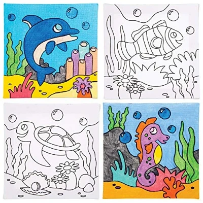 Image of Baker Ross AT940 Sealife Colour in Pictures for Kids Pack of 4, Canvases Painting, Colouring and Craft Project Displays