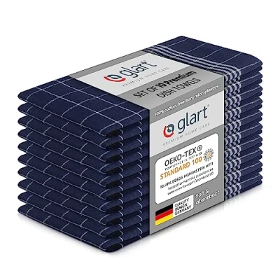 Image of Glart 48BI2 10 piece set of kitchen towels 50x70 cm made 100% cotton in blue, OEKO TEX Standard 100 certified, pre washed for and dishwashing