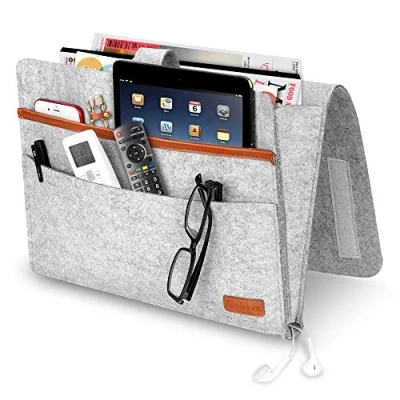 Image of SIMBOOM Bedside Storage Pocket, Felt Hanging Organizer Bag Anti Slip, Magazine Phone Remote Holder for Home Bed Rails, Sofa, Bunk Beds Grey