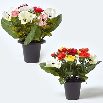 Image of HOMESCAPES Set of 2 Artificial Grave Vases with Pink Orange &amp; Yellow Anemone Faux Flowers in Black Pot, 30 cm