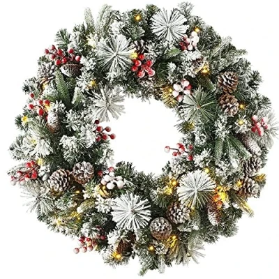Image of 24 inch Christmas Wreath Decorative With Light Door Winter Pine Cone (Snow Forest)