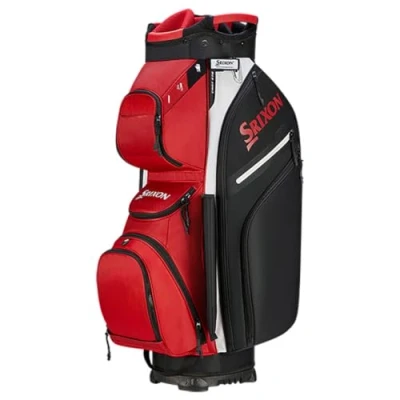 Image of Srixon Premium Cart Golf Bag 14 Club Divider 11 Zipper Pockets including a Velour lined and an Insulated Coller Pocket Score Card, Pen Divot Holders Lock Bottom Base, UNIQ SIZE, Red/Black