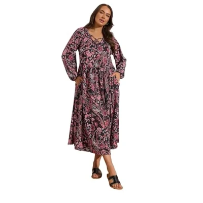 Image of EVANS Curve Paisley Print Crinkle Boho Dress Women&#039;s Plus Size Pink