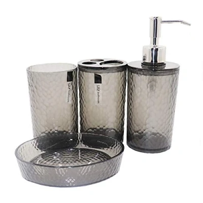Image of London Boutique 4 Pieces Bathroom Accessory Set Clear Soap Dispenser Toothbrush Holder Tumbler dish (Clear Black)