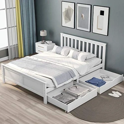 Image of Wooden Solid White Pine Storage Bed with Drawers, 4FT6 Double Frame 190x135cm, Durable Slatted Base, Modern Design for Adults, Kids, and Teenagers (White) NO MATRESS