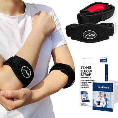 Image of Tennis Elbow Support Strap with Doctor Handbook Reliable for Men &amp; Women Adjustable Brace Daily Wear, Gym, Sports, Rapid Pain Relief from Tendonitis (Pair, Black)