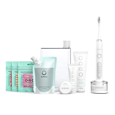 Image of Ordo Sonic Electric Toothbrush &amp; Starter Kit Mouthwash Toothpaste Dental Floss Interdental Brushes Vegan Alcohol Free Fresh 4 Brushing Modes Rechargeable Battery Adults White/Silver