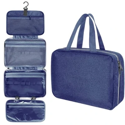Image of ZiaWorld Travel Toiletry Bag with Hanging Hook, Waterproof Foldable Large Capacity Makeup Organizer, Women &amp; Men Toiletries for Full Sized Essential Accessories Cosmetics, Blue