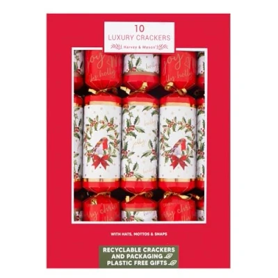 Image of Harvey &amp; Mason Box 10 Luxury Christmas Crackers White Red Jolly Holly Robin Plastic Free
