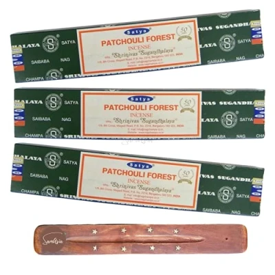 Image of Satya Nag Champa Patchouli Forest incense sticks x3 pack with SAMASIA holder Used for Aromatherapy, Spa, Yoga, Weddings, Meditation, Healing, Positivity and Relaxation