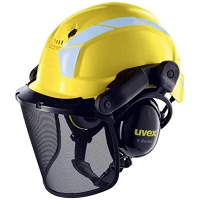 Image of Uvex 9774236 Forestry Helmet, Yellow Meets EN 397 with Additional Low Temp Requirements, ABS B S WR Protective Woodworking Visor, Ear Protection Capsules, Whistle Closure