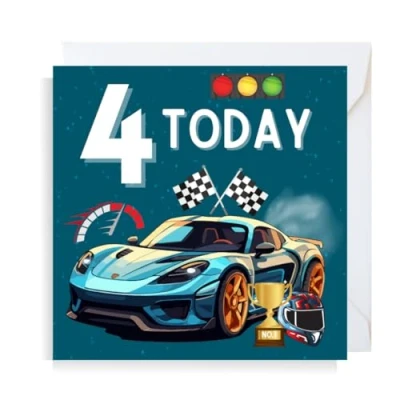 Image of Second Ave Racing Car 4th Birthday Age 4 Square Children&#039;s Kids Greeting Card for Boy or Girl