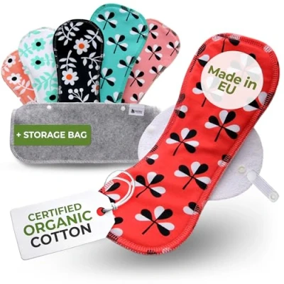 Image of Reusable Sanitary Pads Heavy Flow, 6 Pack (L&amp;XL) Organic Cotton Washable Made in EU; Maxi Period Pads, Cloth Menstrual; Large Incontinence for Women