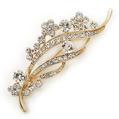 Image of Avalaya Clear Diamante &#039;Floral&#039; Bridal Brooch in Gold Plating 8cm Length