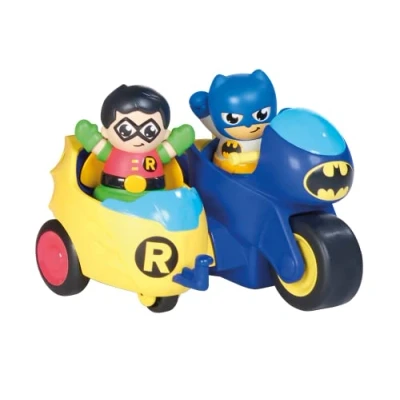 Image of Toomies DC Comics Batman E73260 2 in 1 Batcycle Motorcycle and Sidecar Combination Attach Side End Flywheel Drive Push Along from 12 Months