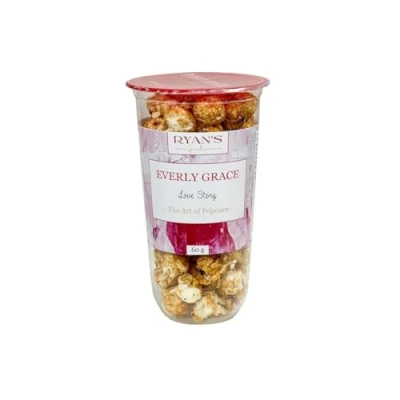 Image of Everly Grace Popcorn Love Story, 60 g cup with almonds, bourbon vanilla, and rose petals, handcrafted in Germany