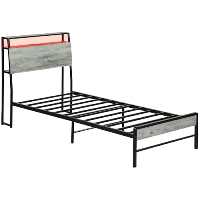 Image of HOMCOM 3ft Single Bed Frame with LED Lights and Charging Station, Platform Storage Headboard, Steel Slat Support, No Box Spring Needed, Easy Assembly, Cement Grey