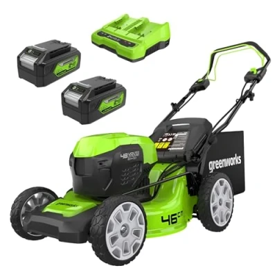 Image of Greenworks 48V (2x24V) Self Propelled Cordless Lawnmower for Large Lawns up to 480m2, 46cm Cutting Width, 55LBag PLUS Two 4Ah Batteries and Twin Charger, 3 Year Guarantee GD24X2LM46SPK4X