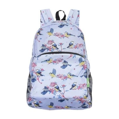 Image of ECO CHIC Lightweight Foldable Water Resistant Backpack Rucksack Folds into Pouch for Storage (Blue Tits Lilac)