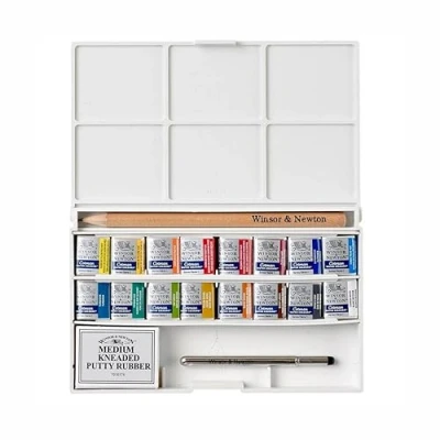Image of Winsor &amp; Newton, Cotman Watercolour, ‘Complete Pocket Set’, 16 x Half Pans + 1 Travel Brush PLUS Kneaded Eraser Pencil