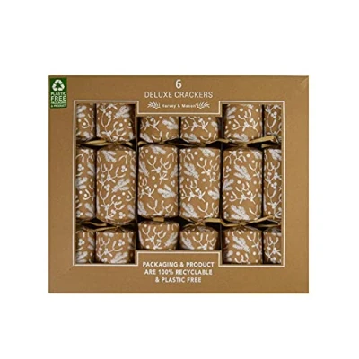 Image of Harvey &amp; Mason 6 Eco Friendly Christmas Crackers White Print Mistletoe Xmas Card Recyclable