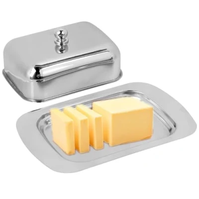 Image of Butter Dish with Lid, Stainless Steel Container Keeper Insulated Holder Airtight Cheese Plate 19 x 12.5cm