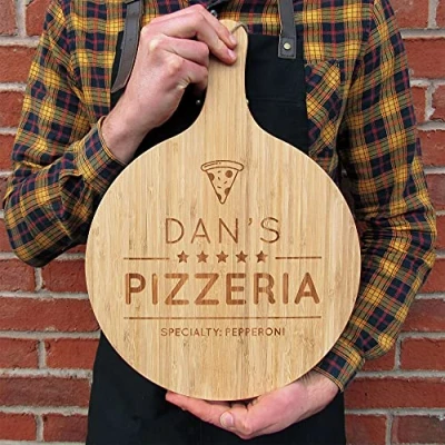 Image of eBuyGB Personalised Wooden Pizza Board with Handle, Five Star Pizzeria, 31cm Engraved Chopping Board, Serving Paddle Birthday Present, New Home