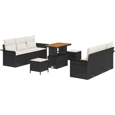Image of vidaXL 9 Piece Garden Sofa Set with Cushions Black Poly Rattan Acacia