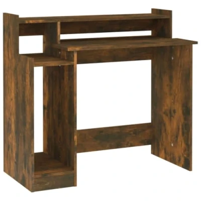 Image of vidaXL Desk with LED Lights Home Office Furniture Bedroom Standing Computer Study Writing Storage Smoked Oak Engineered Wood