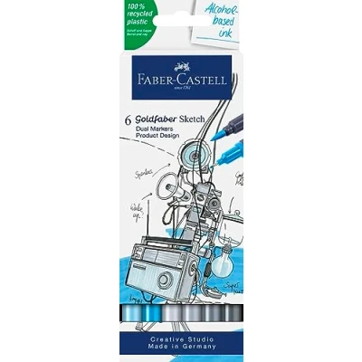 Image of Faber Castell Goldfaber Sketch Markers Product Design 164806 Pack of 6 Alcohol with Brush Tip and Fineliner