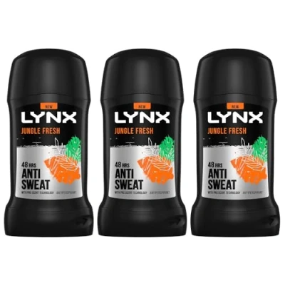 Image of Lynx Jungle Fresh Deodorant Stick 48 Hours Anti Sweat Perspirant with Long Lasting and Odour Protection Travel Size for Men All Skin Types, 50ml Pack of 3