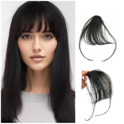 Image of Hair Clip in Bangs Wispy Human Hairpieces for Women Fringe Neat Faker with Temples Party and Daily Wear（Wispy Bangs,Natural Black）