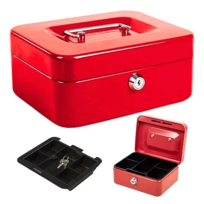 Image of HomeZone® Blue or Red Steel Money Cash Box Metal Petty Locking Safe with 2 Keys and Carry Handle Store Notes Coins Valuables Secure Strong Hardwearing Storage (Red 10&quot;)