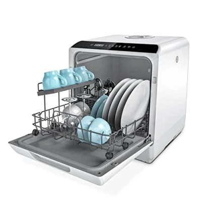Image of Hermitlux Table Top Dishwasher, Mini Countertop Dishwasher with 4 Place Settings, 5L Built in Water Tank, 6 Programmes, Touch Control, Baby Care and Fruit Wash, White