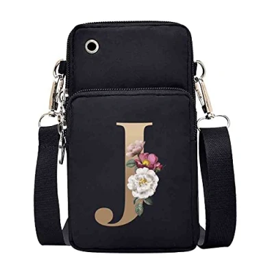 Image of FINDING CASE initial letter Printed Women Girls men Zipper Waterproof Nylon 3 Layers Crossbody Bags Wallet Cellphone Purse Shoulder Bag Wristlet Handbags Adjustable Strap (gold J)