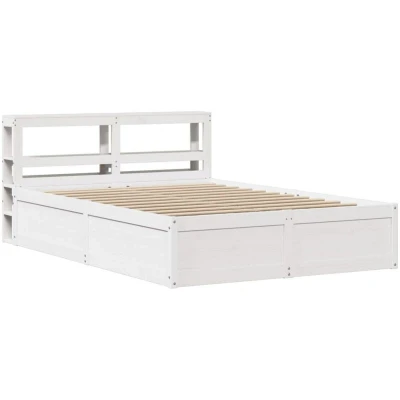 Image of vidaXL Bed Frame with Headboard Base 140x190 cm, Solid Pine Wood, White Bedroom Storage Shelves, Plywood Slats