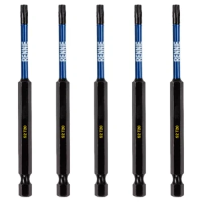 Image of 5 x Rennie Tools 100mm Long T20 TX20 Impact Screwdriver Driver Bits Set. Heavy Duty Magnetic Torx Bit Black Oxide Coated Bits.
