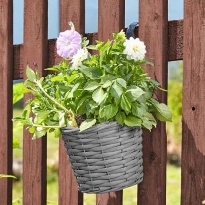 Image of Smart Garden 20cm 8 Inch Rattan Effect Hanging Pot Basket Slate Grey Planter