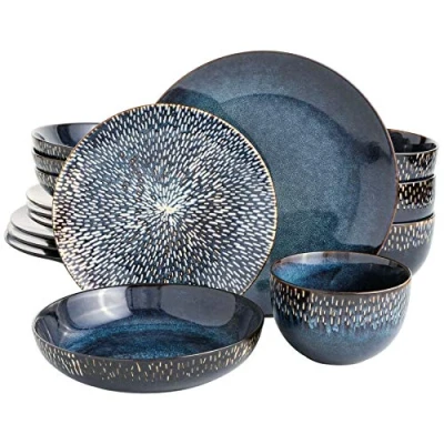 Image of Gibson Elite Matisse Double Bowl Dinnerware Set, Service for 4 (16pcs), Cobalt Blue