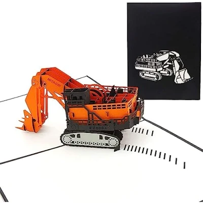 Image of PopLife Digger Excavator Machine Pop Up Card for All Occasions Happy Birthday, Congratulations, Retirement, Fathers Day Machinery Buffs, Construction Tools, Party Favor Folds Flat Mailing
