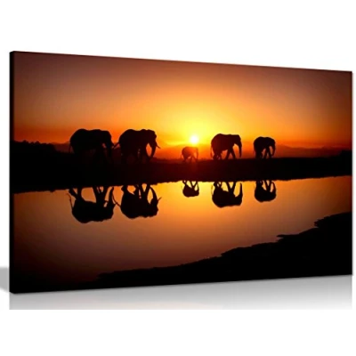 Image of African Sunset Elephants Nature Wildlife Canvas Wall Art Picture Print (18x12in)