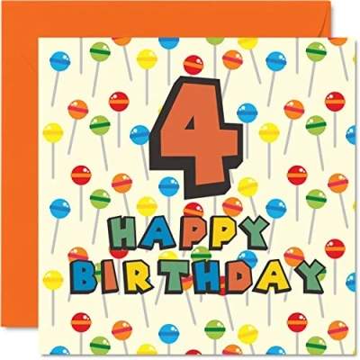 Image of 4th Birthday Card Unisex Lollipop Sweets Candy Happy 4 Year Old Son Daughter Brother Sister Grandson Granddaughter Niece Nephew Cousin, 145mm x Fourth Bday Greeting