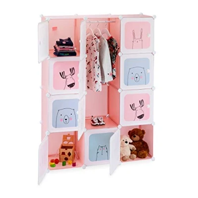 Image of Relaxdays Modular Children’s Shelf, Girls, Fun Designs, Plastic, DIY Rack with Doors, HWD 145x110x37.5 cm, Pink,10028801