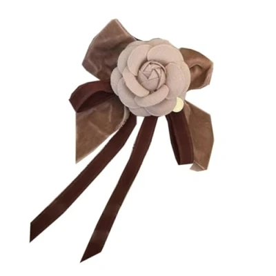 Image of sunjiaqi Camellia Brooch Flower Lapel Pin Fabric Brown Bow Women Elegant Clothes Decoration for Scarf Hat Suits Night Dress Wedding
