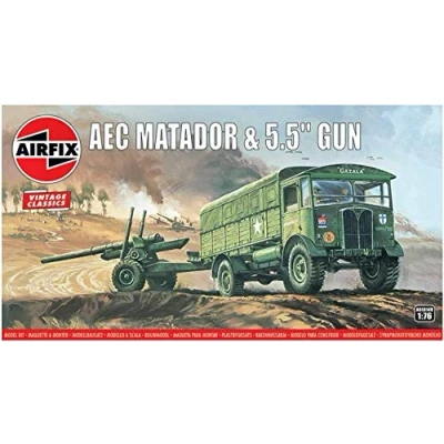 Image of Airfix Vintage Classics Set A01314V AEC Matador &amp; 5.5inch Gun Plastic Model Tank Kits for Adults Children 8+, Includes 67 Pieces, Sprues Decals 1:76 Scale
